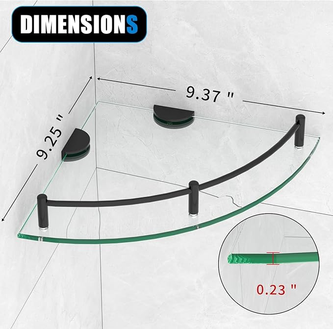 Glass Corner Shelf for Bathroom Corner Shelf, 3 Pack Tempered Glass Shelf with Electroplating Black Metal Rails，Suitable for Bathroom
