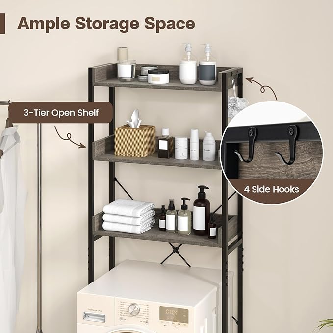 Giantex Over The Toilet Storage Shelf, 3-Tier Freestanding Space Saver Above Toilet with 4 Hooks, Adjustable Bottom Bar, Over Toilet Bathroom Organizer for Restroom, Laundry, Easy Assembly