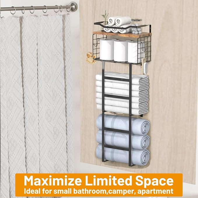 Towel Racks for Bathroom, 34IN Towel Rack Wall Mounted with 2 Pack Towel Shelf and a Wire Basket, Rolled Towel Holder Shelf Bathroom Storage and Organizer, Sturdy Metal & Wood, Black