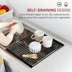 MERRYBOX Roll Up Over The Sink Dish Drying Rack Silicone Wrapped Foldable, Heat-Resistant, Anti-Slip Sink Rack Multipurpose Dish Drainer for Kitchen Sink Counter - Black, 17.5" x 11"