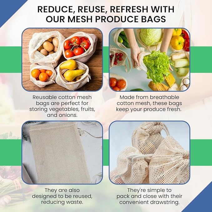 6-Pack Reusable Cotton Mesh Produce Bags Eco-Friendly Washable Fruit & Vegetable Storage Bags, Breathable Drawstring Grocery Bags for Shopping, Farmers Market, Bulk Food