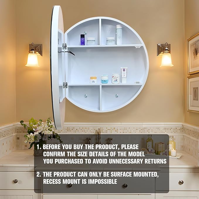 26inch Round Medicine Cabinet with Lights,Led Medicine Cabinet with Demister,Illuminated Bathroom Mirror Cabinet,Dimmable,Anti-Fog,3 Color Temperature,White