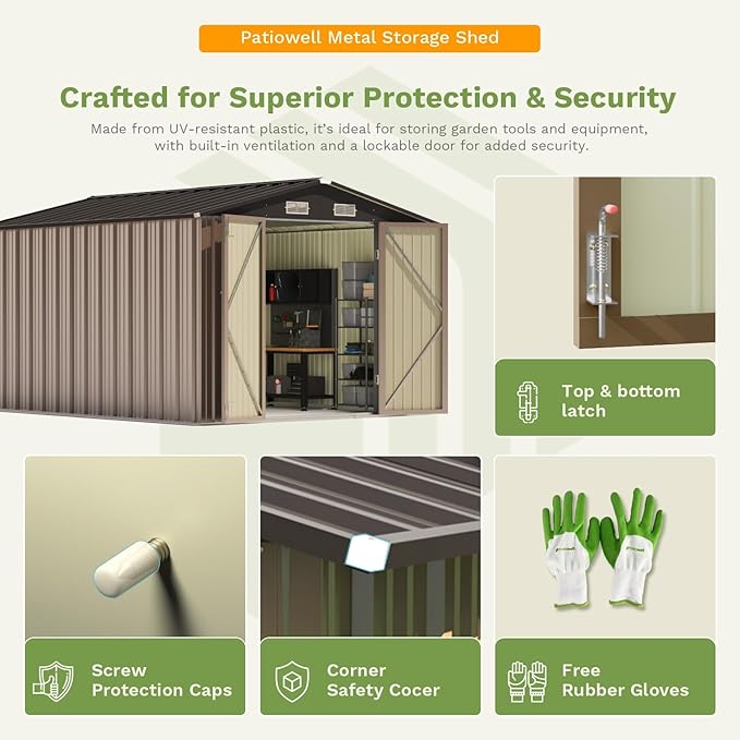 Patiowell 10x12 FT Storage Shed, Outdoor Metal Sheds with Lockable Door and Sloping Roof, Waterproof Outside Large Garden Tool Shed with Breathable Vents for Patio Lawn Backyard, Brown