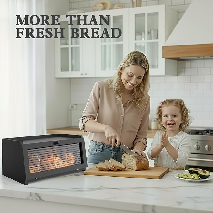 Bread Box for Kitchen Countertop Large Bread Box Farmhouse Bread Container Bread Storage with Window Bread Holder Black