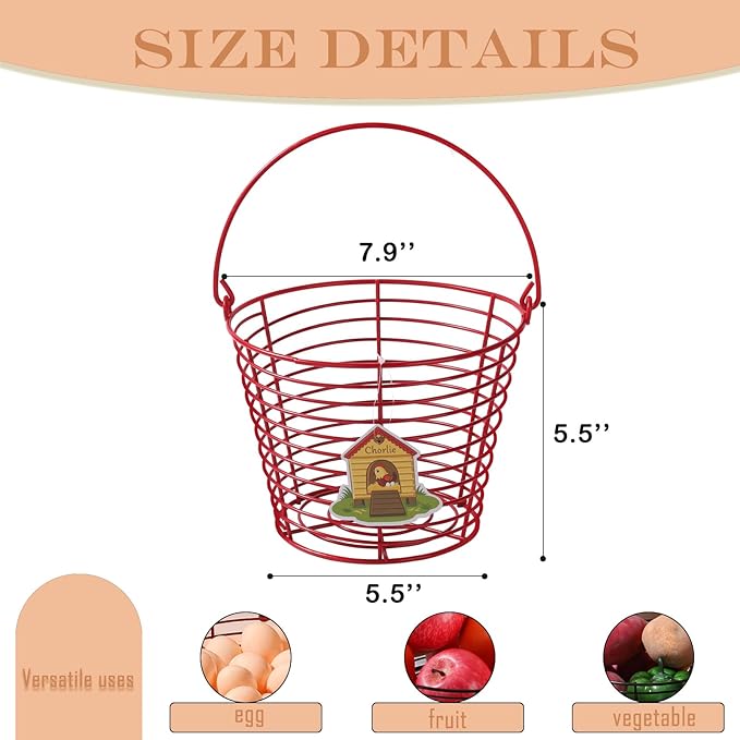Colorful Metal Mesh Wire Egg Collecting Basket with Handle Portable Garden Vegetable Fruit Storage Lightweight Hanging Collector for Farmhouse Gathering Kitchen Picnic (Red, Normal - 8")