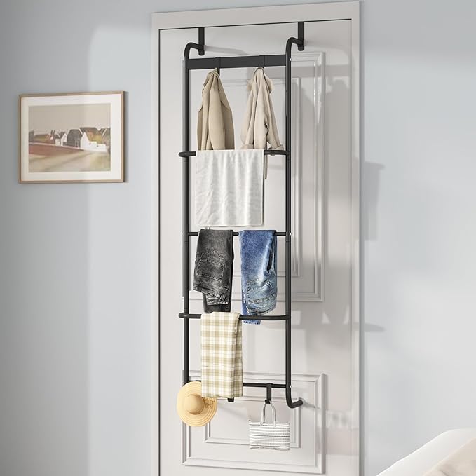 5 Tier Over The Door Towel Racks for Bathroom Wet Towel Drying Rack Clothing Storage Holder with Hooks (Black, 5 Tier)