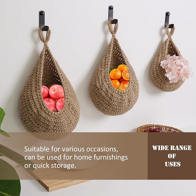Hanging Fruit Large Basket Set of 3, Boho Wall Hanging Storage Basket for Organizing, Handmade Teardrop Hammock Holder for Fruit Vegetable in Home & Restaurant Kitchen with Hooks, Linen