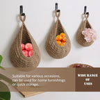 Hanging Fruit Large Basket Set of 3, Boho Wall Hanging Storage Basket for Organizing, Handmade Teardrop Hammock Holder for Fruit Vegetable in Home & Restaurant Kitchen with Hooks, Linen