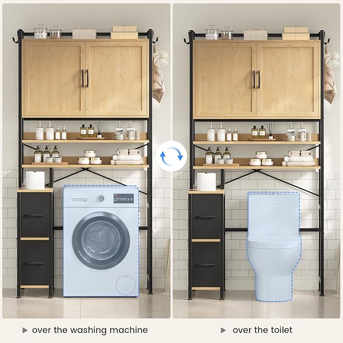 Over the Toilet Storage Cabinet with Doors, 2 Large Drawers & 6 Hooks, Over the Toilet Organizer with Toilet Paper Holder, Over the Toilet Storage for Bathroom, Laundry Room, Natural