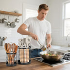 Utensil Holder, 7.7"+6" Stainless Steel Utensil Holder for Kitchen Counter, Cooking Tools Spatula, Silverware Forks, Knives, Spoons Utensil Crocks Organizer Drying Rack, Set of 2