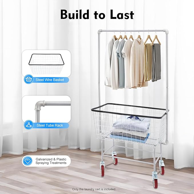 Wire Laundry Cart with Wheels, 1.8 Bushel Heavy-Duty Rolling Laundry Basket, Commercial Metal Wire Laundries Basket Cart for Clothes Storage and Organization (27 * 22 * 67in)