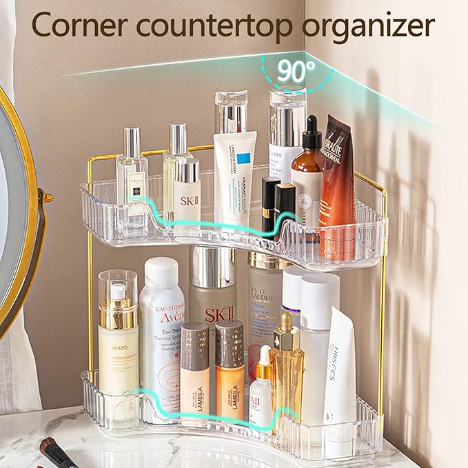2-Tier Corner Bathroom Counter Organizer – Classic Storage Shelf for Makeup, Perfume & Toiletries, Space-Saving Countertop Tray Fits Bathroom, Dresser, Kitchen (Classic White)