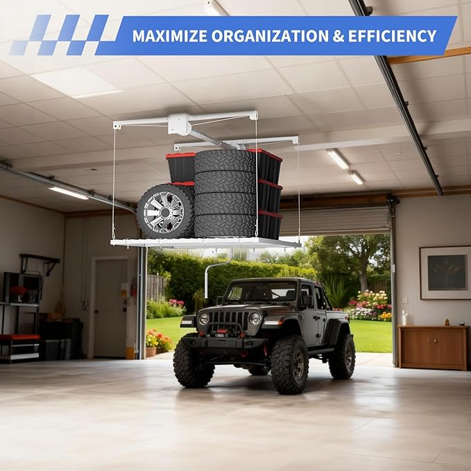 Garage Ceiling Storage Rack,Storage Elevator for Garage,4x4 ft Overhead Lift Storage with 350 Lb Capacity,Smooth Crank System, Space-Saving Design for Garage Organization