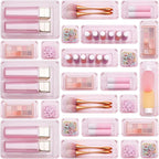 Kitchen Desk Drawer Organizers Storage for Office, Small Acrylic Vanity Trays Makeup Organizer for Drawer Bathroom Plastic Make up Organizers 25 Pcs Pink