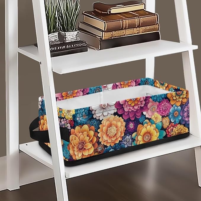 Narrow Storage Bins Bathroom Essentials Organizer Basket Rectangular Collapsible Storage Container for Organizing Toilet Paper Towels Bathroom Accessories, Bohemia Floral Print