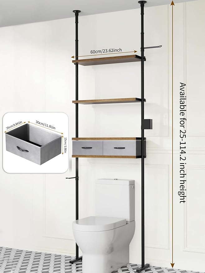 Over The Toilet Storage - 4 Tier Bathroom Organizer Shelf, Freestanding Bathroom Organizer, Sturdy Behind Toilet Rack with Hooks, Space-Saving Design, Fits Most Toilets, Rustic Brown