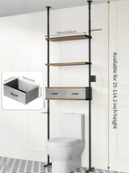 Over The Toilet Storage - 4 Tier Bathroom Organizer Shelf, Freestanding Bathroom Organizer, Sturdy Behind Toilet Rack with Hooks, Space-Saving Design, Fits Most Toilets, Rustic Brown
