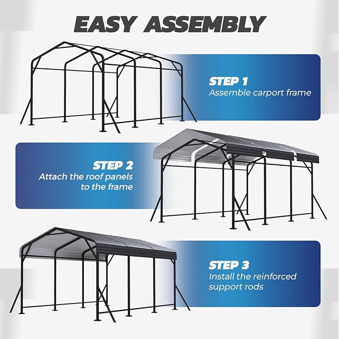 EROMMY 10' x 15' Heavy Duty Metal Carport with Galvanized Steel Roof & Base for All-Weather Protection, Outdoor Carport Garage, Versatile for Car, Boat, Tractor, and Party Use, Dark Gray