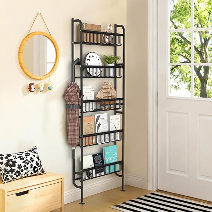 NECHEGE Slim Shelf Behind Door Storage Rack, 5-Tier Multi-Purpose Space-Saving Organizer for Bathroom, Kitchen, Living Room-Sturdy Metal Bookshelf for Narrow Spaces