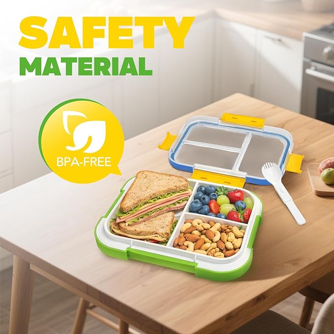 EASYFUN Bento Box Adult, Lunch Box, 4-Compartment Lunch Containers, Drop-Proof, Dishwasher Safe & Made with BPA-Free Materials (Blue green)