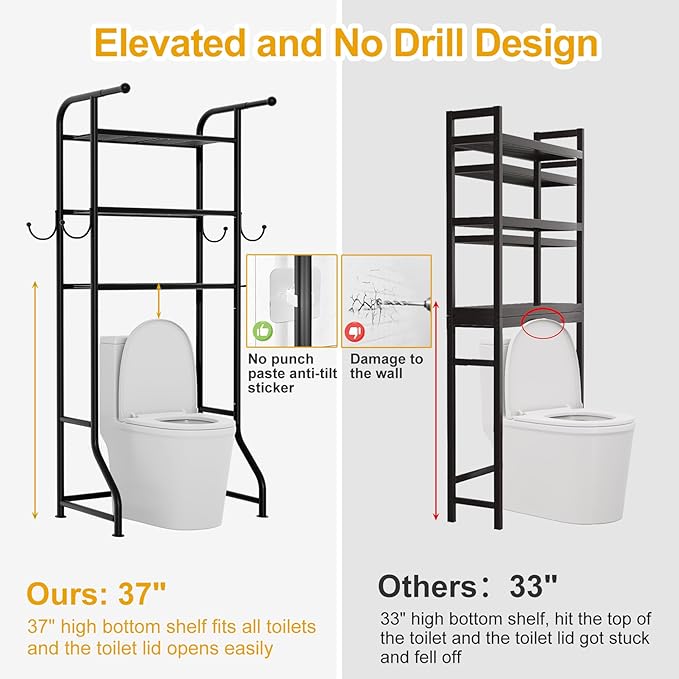 3-Tier Over The Toilet Storage Shelf，Bathroom Organizers and Storage Over Toilet，Metal Bathroom Space Saver with 2 Bars，1 Paper Holder and 4 Hooks,Black