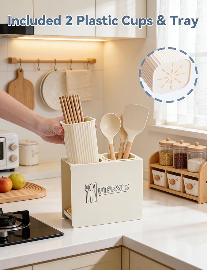 Kitchen Utensil Holder, Metal Silverware Holder with 2 Plastic Cups and Base, Modern Farmhouse Kitchen Decor, Countertop Utensil Organizer for Spoons Cooking Tools (Cream)