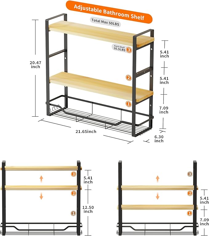 Bathroom Shelves Over Toilet Storage - 3 Tier Large Wall Mounted Shelves for Bathroom - Over Toilet Organizer - Adjustable Stand Shelf Rack for Kitchen Living Room - Black Oak