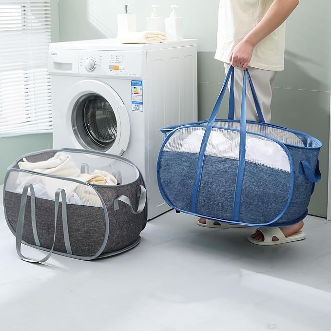 Pop-Up Laundry Basket，collapsible Mesh Laundry Hamper– With Extended Shoulder Straps, Sturdy Handles, and Premium Cationic Fabric (blue)…