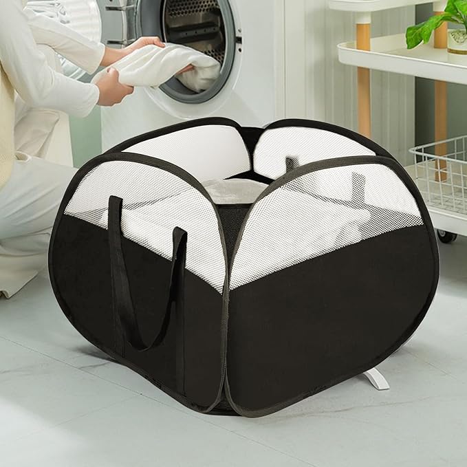 Collapsible Laundry Baskets, Tear Proof Pop Up Laundry Hamper with Large Capacity, Sturdy Foldable Laundry Basket, Easy to Carry Laundry Hamper for Home, Laundry Room, Bedroom, Dorm, Travel Black