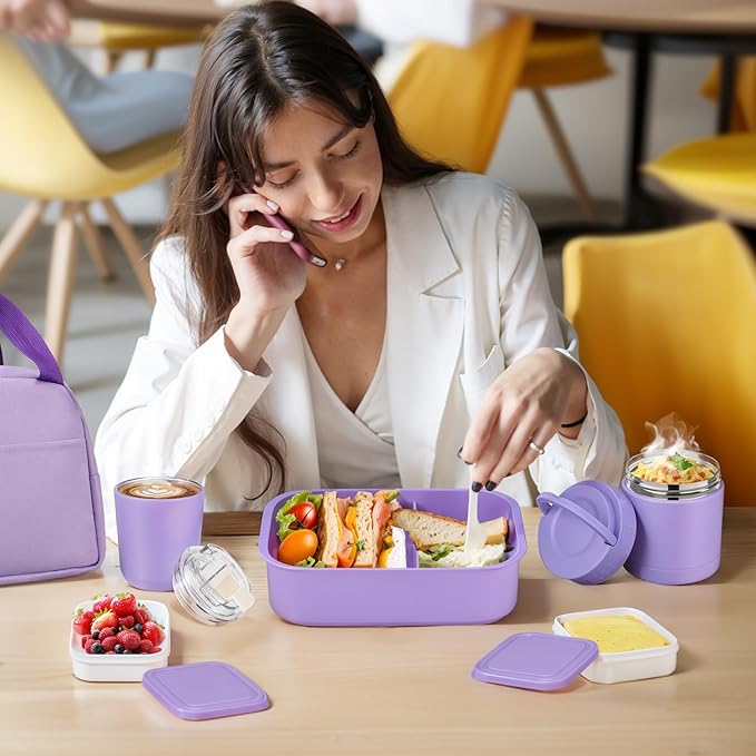 Bento Lunch Box Set with 10.5oz Soup Thermo Food Jar for Adults Kids, Stainless Steel Leak-proof Lunch Container with 4 Compartment, Coffee Tumbler with Lunch Bag for School Travel Office-Purple