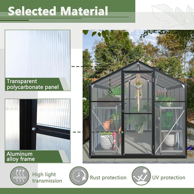 Heavy Duty Polycarbonate Greenhouse with Ventilation Windows and UV Protection for Backyard Garden Growing (6x8 FT)