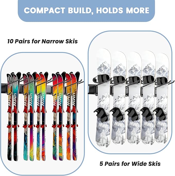 Ski Rack Wall Mount - Ski Holders for Wall Heavy Duty 10 Pairs of Snowboard Storage Indoor Holds Up to 300lbs for Garage Organization Home Shed