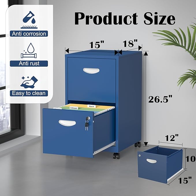2 Drawer File Cabinet with Lock,Blue Rolling File Cabinet for Home Office,Printer Stand, Metal Small Mobile Filing Cabinets on Wheels for Hanging Letter