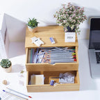 Bamboo Desk Organizer with Drawers, Countertop Organizer with Drawers Makeup Storage Drawer 2 Drawers Tabletop Storage Organization Box Home Office Workspace Bathroom Toiletries Supplies