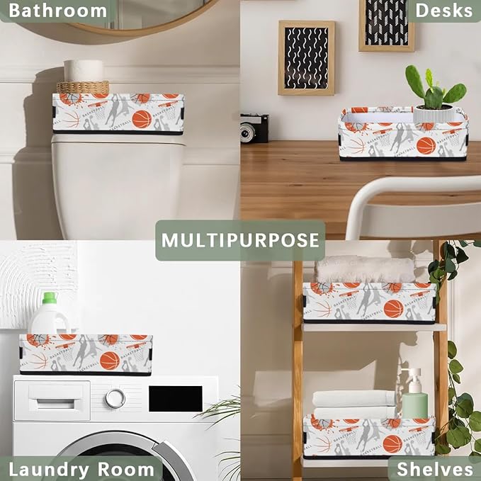 Basketball Small Bathroom Basket Toilet Tank Topper Paper Basket, Sport Themed Basketball Fabric Storage Organizer Bin Small Baskets Decor for Bathroom Counter, Shelf, 2 Pack