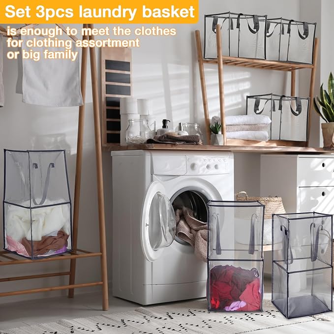 Zopeal 3 Pack Popup Laundry Hamper 13 Inch Collapsible Laundry Baskets with Handles Mesh Clothes Baskets Portable Foldable Clothes Hamper Square Bin for Washing (Grey,Double-layer)