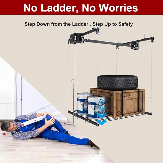 Garage Storage Lift,Overhead Garage Storage Rack,4x4 FT Ceiling Storage Racks for 10-12 FT, 250LBS Capacity All-Steel Construction with Safety Lock (4 * 4)