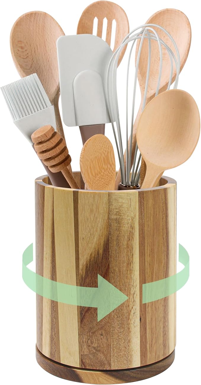 Marsrut Acacia Wood Utensil Holder 360°Rotating 7.3'' Large Wooden Spoon & Cooking Tool Caddy for Kitchen Countertop Crocks Organizer, Brown Rustic Farmhouse Decor, Modern Flatware Storage Essential