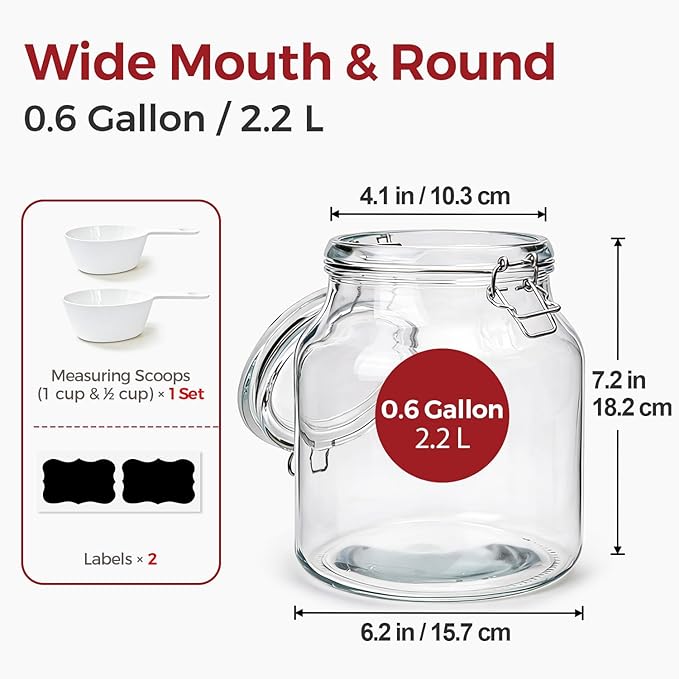 0.6 Gallon 2 Pack Wide Mouth Glass Jars with Airtight Lid – Includes 1 Cup & 0.5 Cup Measuring Scoops & Labels, Ideal for Flour, Sugar, Coffee, Cereal, Rice & Dry Goods | Thick Glass, BPA-Free