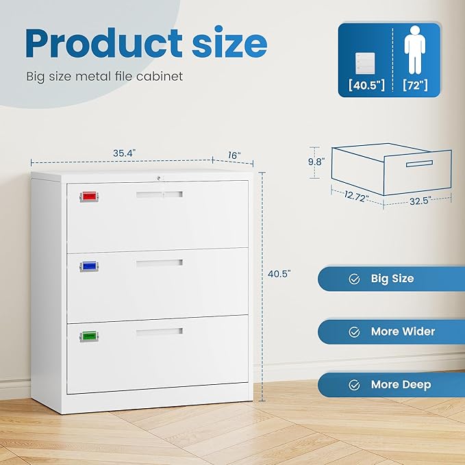 3 Drawer File Cabinet, Lateral Filing Cabinets for Home Office, Office Storage Drawers with Lock, Hanging Files Legal/Letter A4 Size (Assemble Required,White)