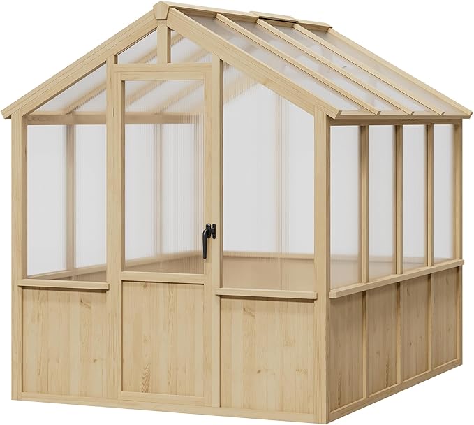Heavy Duty Spruce Frame Wooden Greenhouse – Walk-in Outdoor Garden Outdoor Storage with Polycarbonate Panels, Adjustable Roof Vents, Lockable Door, Spacious Storage, Ideal for Patio, Lawn, 6x8