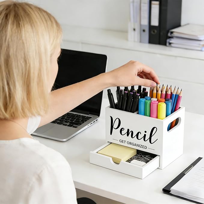 Pencil Holder with 1 Drawer, Multi-Functional Pen Holder for Desk, Desk Organizers and Accessories with 2 Compartments, Desktop Organizer for Office Home Art Supplies(White)