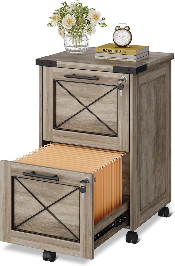 DEVAISE 2 Drawer File Cabinet with Hanging Files, Mobile Rolling Storage Cabinet for Home Office, Under Desk Filing Cabinet with Lock, Printer Stand, Gray Oak