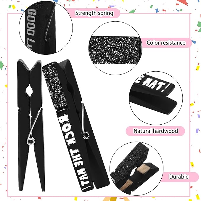 Kigeli 30 Pcs Spirit Clips Cheer Pins Cheerleader Gifts Clothes Pins for Backpacks Competition Glittered for Team Cheer Gifts Stuff Supplies Party Favors Accessories Bulk(Black,Shiny)