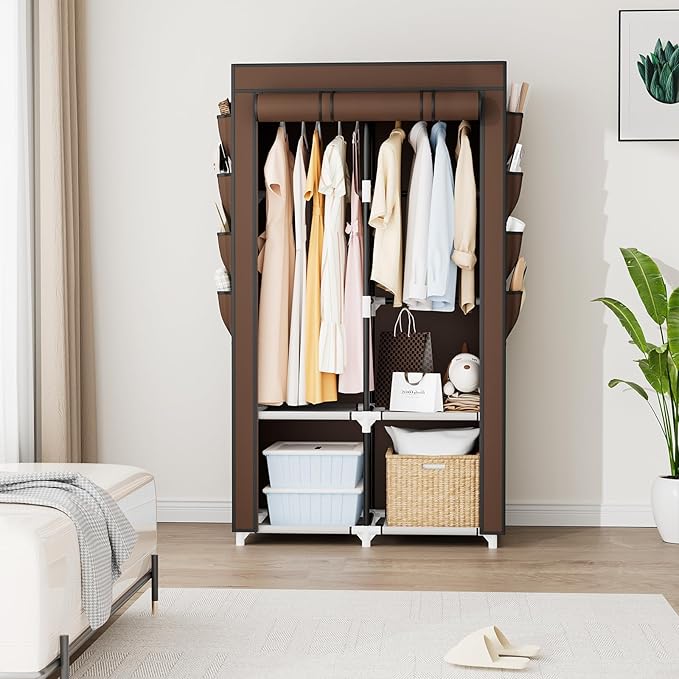 Portable Closet for Hanging Clothes, Portable Wardrobe Closet with Cover, 4 Storage Shelves, 2 Hanging Rods and 8 Side Pockets Easy Assembly and Sturdy Free Standing Closet for Bedroom Brown