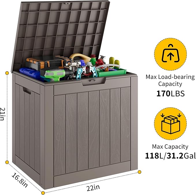 31 Gallon Outdoor Storage Box, Resin Deck Boxes Outdoor Waterproof For Patio Furniture, Garden Tools, Pool Supplies, Lockable And UV Resistant (Striped Gray)