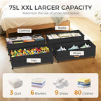 Under Bed Storage with Wheels 2-Pack, 75L XXL Under the Bed Storage Containers Large, 12" Tall Adjustable Storage for Underbed with Lids, Rolling for Shoes, Clothes, Blankets (Black)