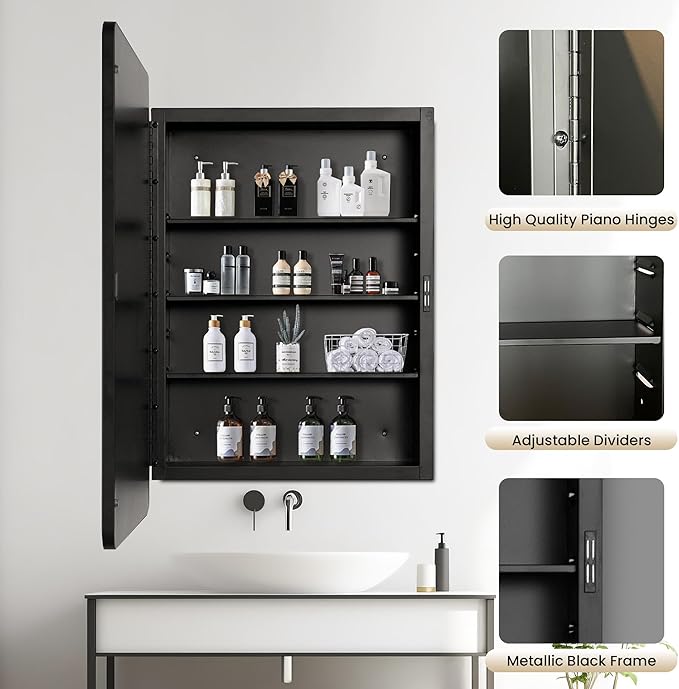 Bathroom Medicine Cabinet with Mirror, 17x27 inch Metal Black Recessed Medicine Cabinet with 3 Adjustable Metal Shelves, Rounded Rectangle Storage Cabinet