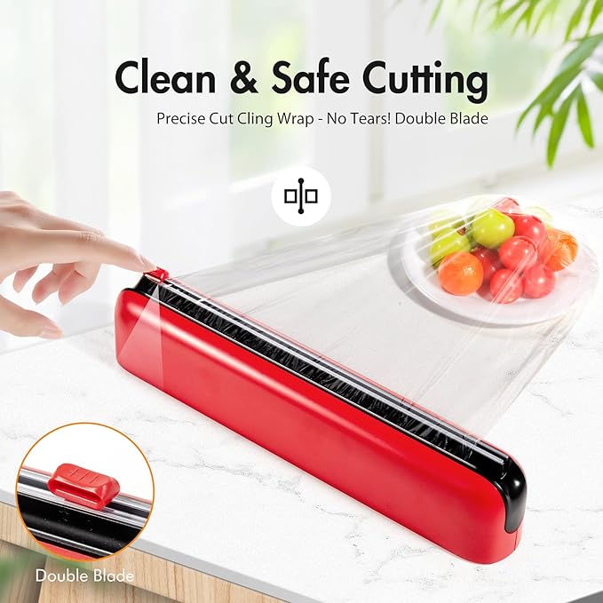 Aluminum Foil & Plastic Wrap Dispenser with Cutter - Easy One-Hand Operation, Space-Saving Kitchen Organizer for Worktops & Cabinets, Magnetic Cling Film Dispenser - Fits 12" Rolls, Red