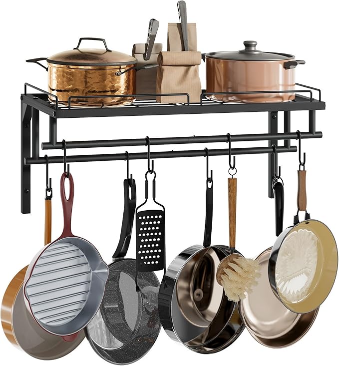 Hanging Pot Rack, Wall-Mounted Pot Rack, Kitchen Cookware Organizer, Metal Pot and pan Organizer Holder, for Cookware, Utensils Organization, Black TPR37BB